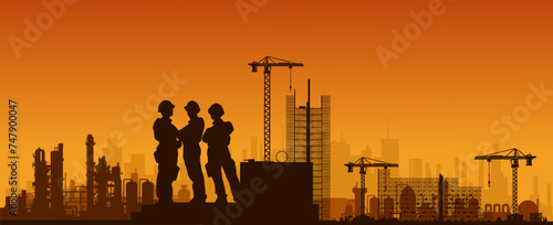 Silhouette Industrie Bauindustrie Ausbau - Gruppe von 3 Arbeitern und Ingenieuren mit Bauhelm - Team Meeting - Körper Haltung für Erfolg