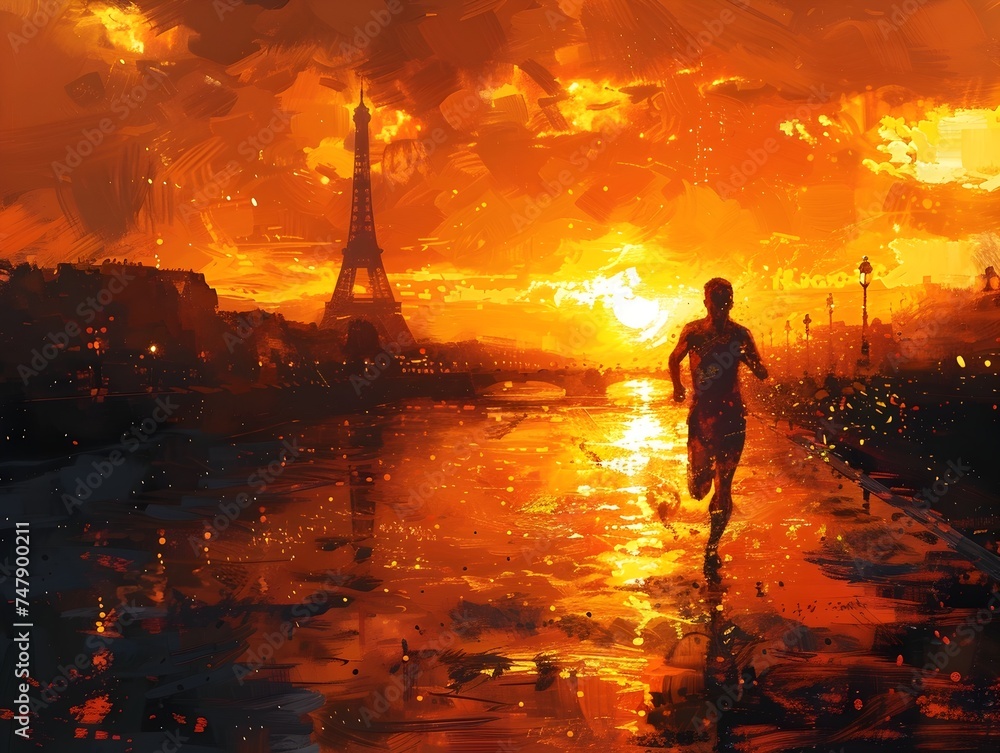 Oil Painting of a Man Running at Sunset in Paris with Eiffel Tower