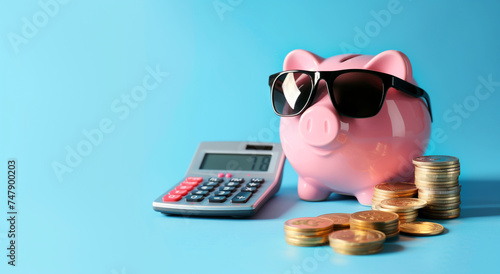 Pink piggy bank next to gold coins and calculator, counting profit, calculating budget, financial income, earning and saving, tax payment and loan interest, economic balance