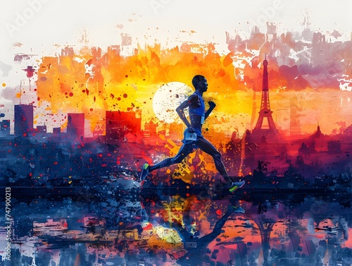 Man Running in Colorful Abstract Paris Landscape with Drippy Paint Splatters