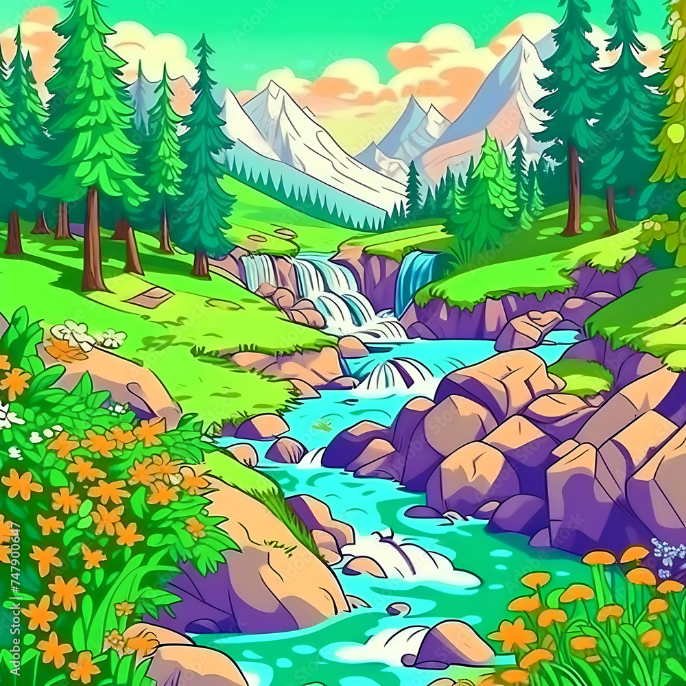 Spring Mountains river cartoon landscape