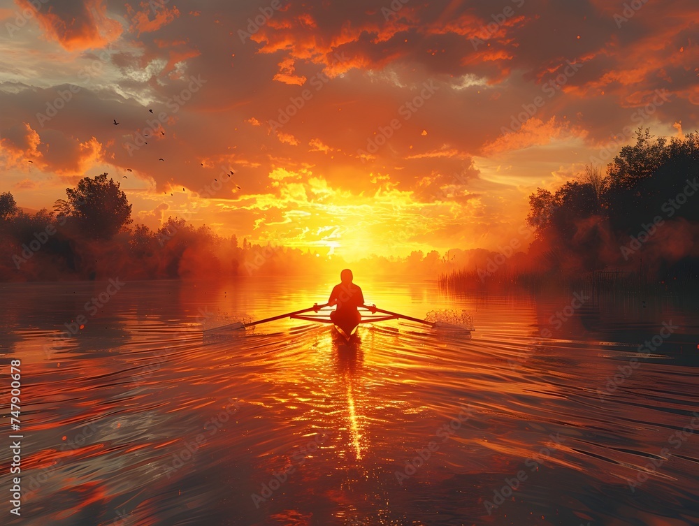 Man Rowing a Boat at Sunrise on a Crimson River