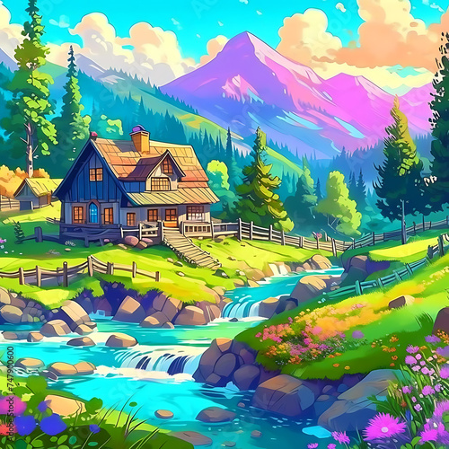 Spring Mountains river cartoon landscape