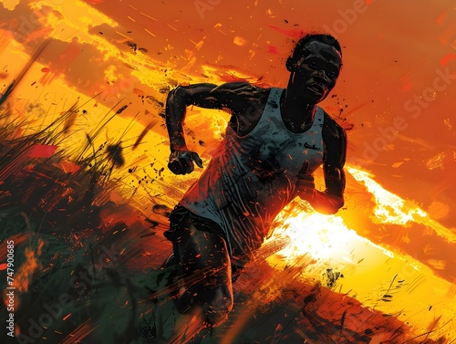 Running Man at Sunset in Congo Style Comic Art