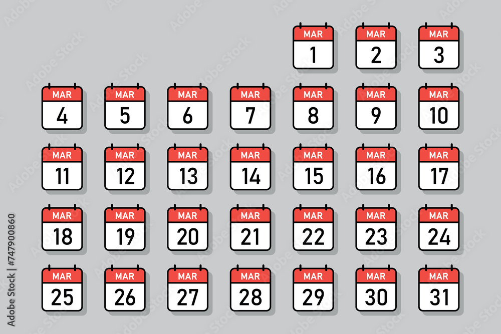 March Daily calendar in one group, red and white color calendar page with black outline, calendar date vector illustration set March Daily calendar in one group, red and white color calendar page with black outline, calendar date vector illustration set