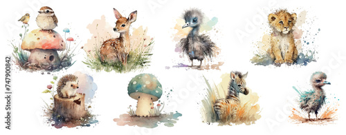 Watercolor Collection of Cute Baby Animals and Forest Elements, Hand-Painted Vibrant Illustration for Nursery Decor or Children’s
