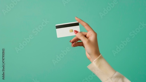 Close up female hand holds levitating template mockup Bank credit card with online service isolated on green background