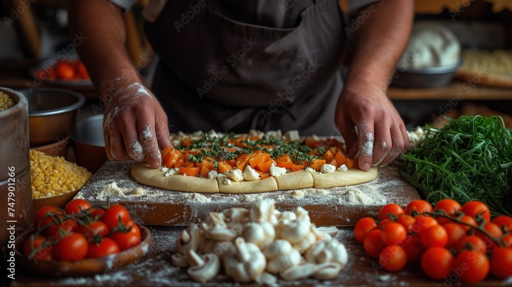 cook putting toppings on pizza