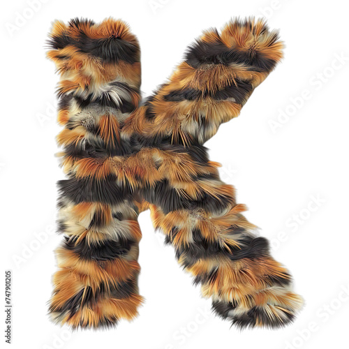 3D Fur Tiger Alphabet K in Arial bold font Isolated on transparent background. photo