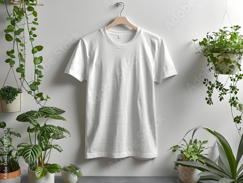White T-Shirt with Indoor Plants Mockup in Ambient Occlusion Style