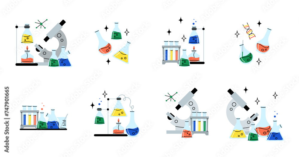 Laboratory glassware. Chemical reagents in glass bottles and rest tubes and flasks. Medical lab equipment. Scientific research tools. Doodle drawing. Vector cartoon flat isolated illustration