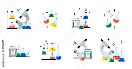 Laboratory glassware. Chemical reagents in glass bottles and rest tubes and flasks. Medical lab equipment. Scientific research tools. Doodle drawing. Vector cartoon flat isolated illustration