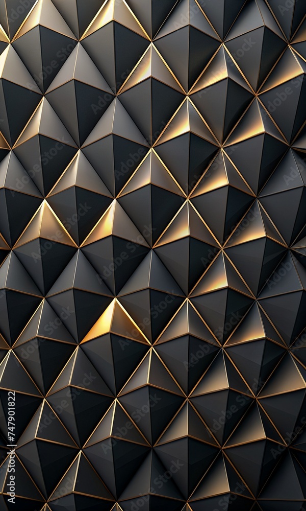 Abstract, Geometric Background with 3D Black and Golden Triangles. Elegant Wallpaper Design for Template, Cover, or Banner. Decorative, Polygonal Shapes. Vector Illustration. Abstract, Geometric Background with 3D Black and Golden Triangles. Elegant Wallpaper Design for Template, Cover, or Banner. Decorative, Polygonal Shapes. Vector Illustration.