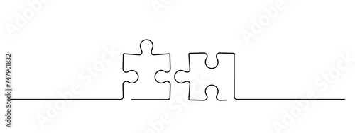puzzle game symbol one line art, two pieces of jigsaw continuous line drawing, black lineart horizontal vector decorative element, editable stroke