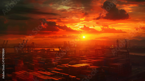 Dramatic Sunset Over Industrial Shipping Container.