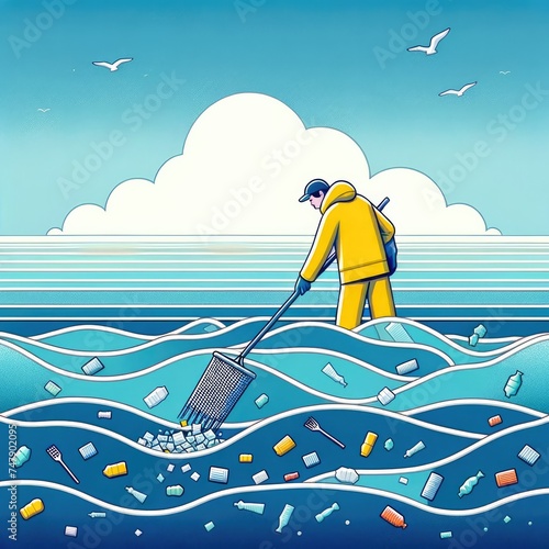 Homme nettoyant l'océan