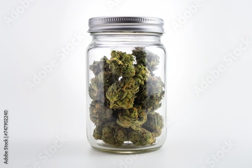 Dry and trimmed cannabis buds stored in a glass jar isolated on white