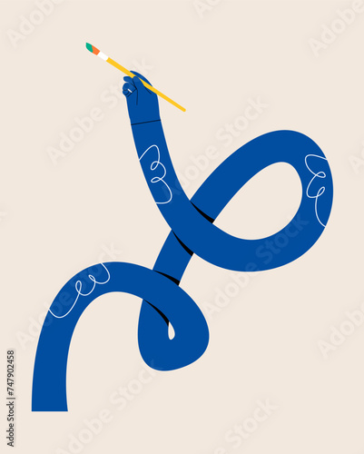 Funny long hand holding a paintbrush. Colorful vector illustration