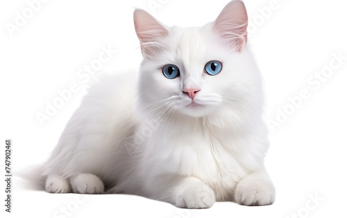 A white cat with striking blue eyes is comfortably laying down. The cats fur is pristine white, and its eyes are a mesmerizing shade of blue, adding to its distinctive appearance. © Usama