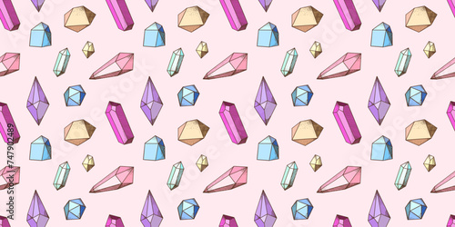 Crystal pattern seamless. Magic quartz different forms and colors. Occult mystical gemstones. Gem jewellery, colorful luxury diamond. Jewels treasure isolated elements, minimalism vector background