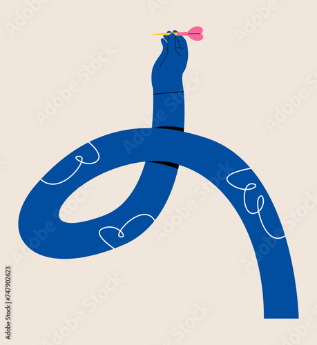 Funny long hand holding a darts. Colorful vector illustration