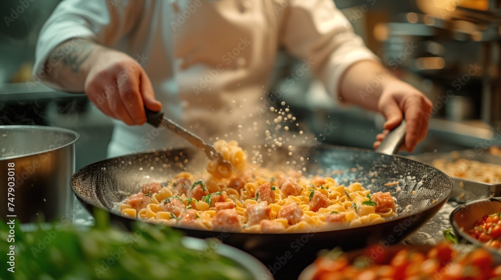 chef preparing pasta professional kitchen