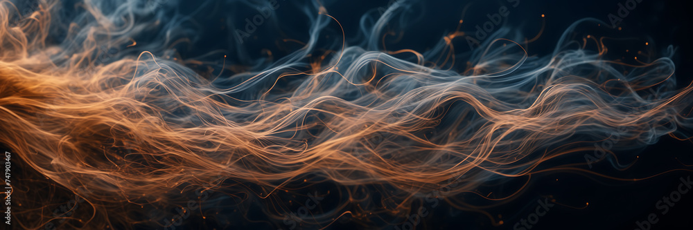 Close-up image revealing the intricate dance of smoke tendrils in hues of copper and bronze against a canvas of midnight blue. - obrazy, fototapety, plakaty 