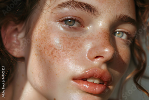 Close up portrait of a girl, Oiled skin female model face portrait in natural lighting