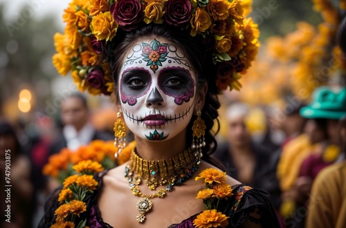 Woman celebrating dia de los muertos, day of the dead wearing sugar skull makeup and flowers