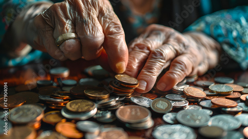 Elderly woman counting coins in her home. Selective focus.