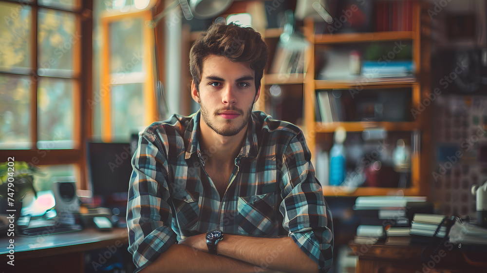 Portrait of a handsome young man in casual clothes sitting in the office