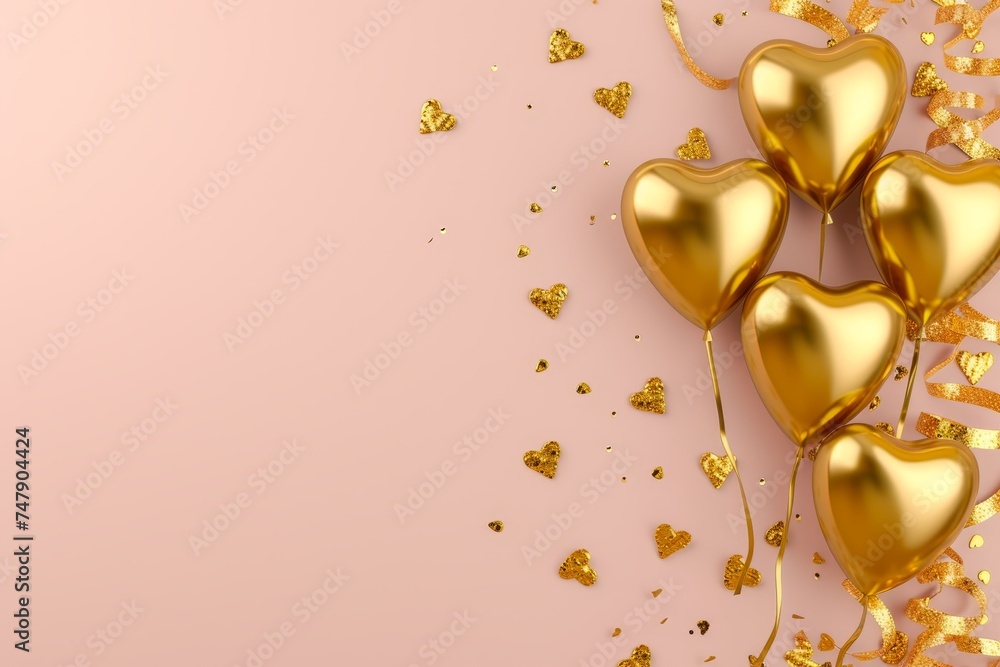 Fototapeta premium Balloons with confetti. Background template design with helium balloons for Party for Birthday and anniversary celebration, carnival. weddings and valentine's day and international women's day