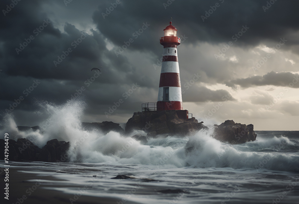 an old lighthouse on the ocean during a storm
