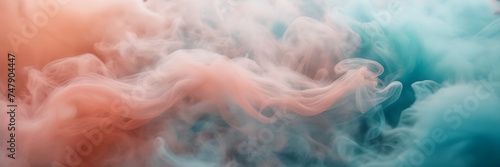 Photograph capturing the ethereal beauty of smoke tendrils in hues of aquamarine and seafoam against a backdrop of coral blush. photo