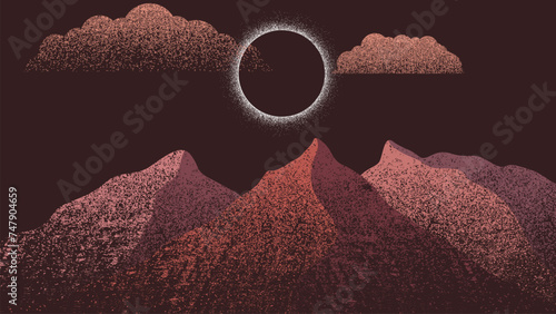 Star and planet in space. Futuristic landscape, with noise texture . Night landscape with starry sky .Vector illustration, screen print texture