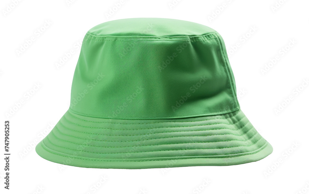 Fototapeta premium A green bucket hat is placed prominently on a plain white background, showcasing its color and design. The hats brim is slightly curved, and the fabric appears to be sturdy and well made.