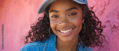 In a denim outfit and cap, a smiling young African American female model stands against a pink background and looks into the camera.