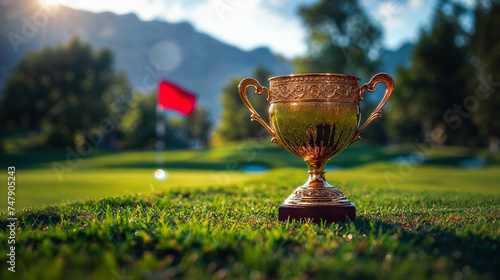 un trophée en or posé sur un green de golf pour le vainqueur d'une compétition