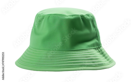 A green bucket hat is placed prominently on a plain white background, showcasing its color and design. The hats brim is slightly curved, and the fabric appears to be sturdy and well made. photo