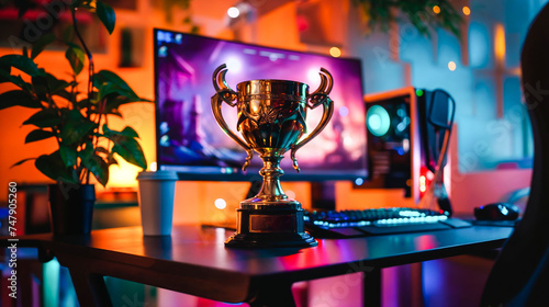 trophée posé sur un bureau gamer pour la victoire d'un champion en e-sport