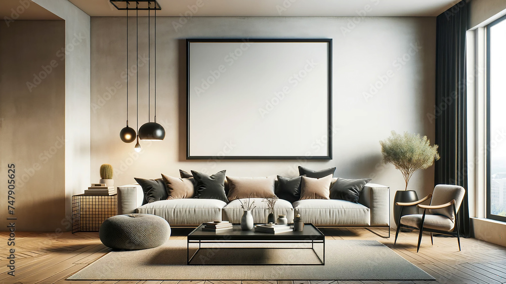 blank mockup poster frame hangs over a modern living room. Chic and spacious blank mockup poster frame hangs over a modern living room. Chic and spacious