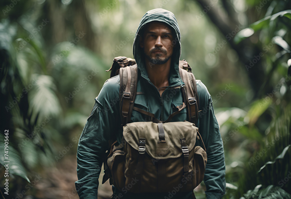 portrait of a person in a camouflage with bag in the forest