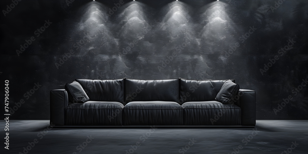 black living room with vintage sofa, A couch in a dark room with a light on the wall behind it. - obrazy, fototapety, plakaty 