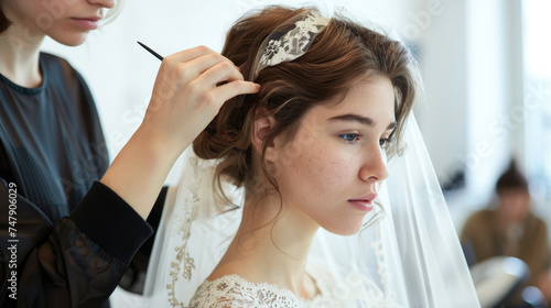 The hairdresser does the bride's hair.