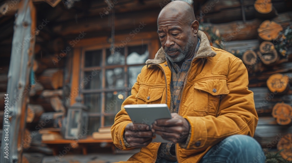 In log cabin, bald African American senior man works on digital tablet