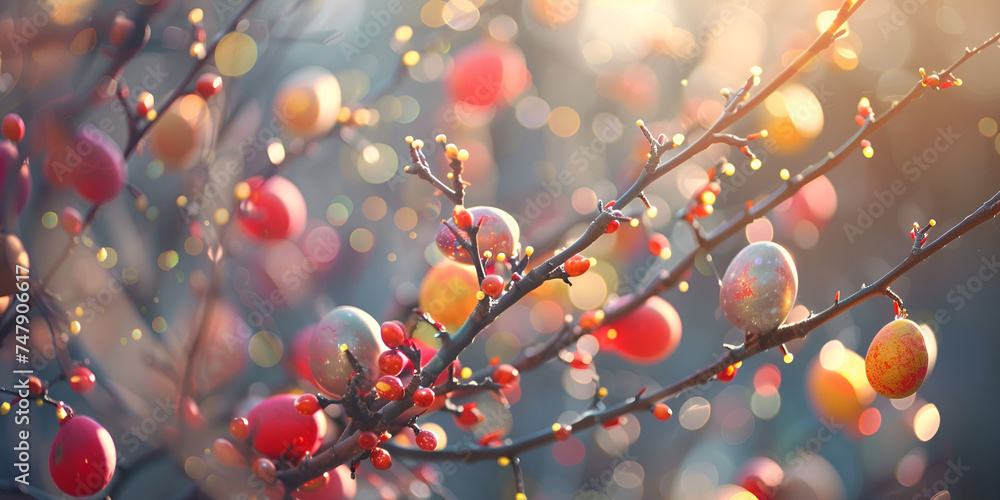 Golden and yellow easter eggs hang from branches of pine tree in style of glimmering light effects, soft and dreamy depictions
 - obrazy, fototapety, plakaty 