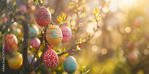 Golden and yellow easter eggs hang from branches of pine tree in style of glimmering light effects, soft and dreamy depictions 
