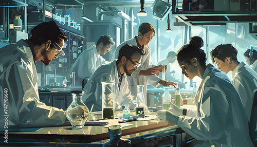 A digital illustration of a group of scientists in a laboratory working together on various experim Generative AI