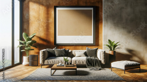 blank mockup poster frame hangs over a modern living room. Chic and spacious