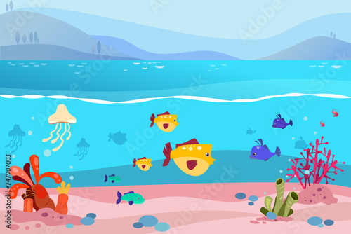 Marine wildlife vector illustration. Fish, jelly-fishes, corals. Marine flora and fauna. Ocean conservation concept 